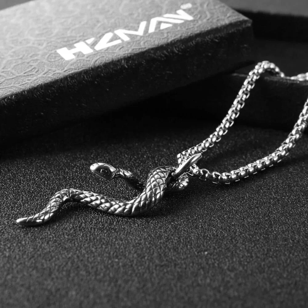 Gothic Men's Silver Stainless Steel Animal Snake Pendant Chain Necklace